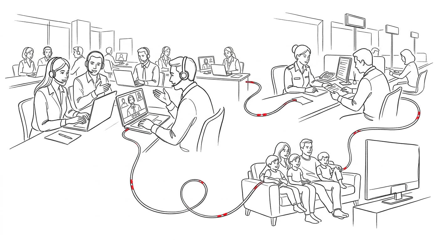 Line drawing of a fibre cable weaving through an office of professionals on video calls, a government service counter and a family streaming at home.