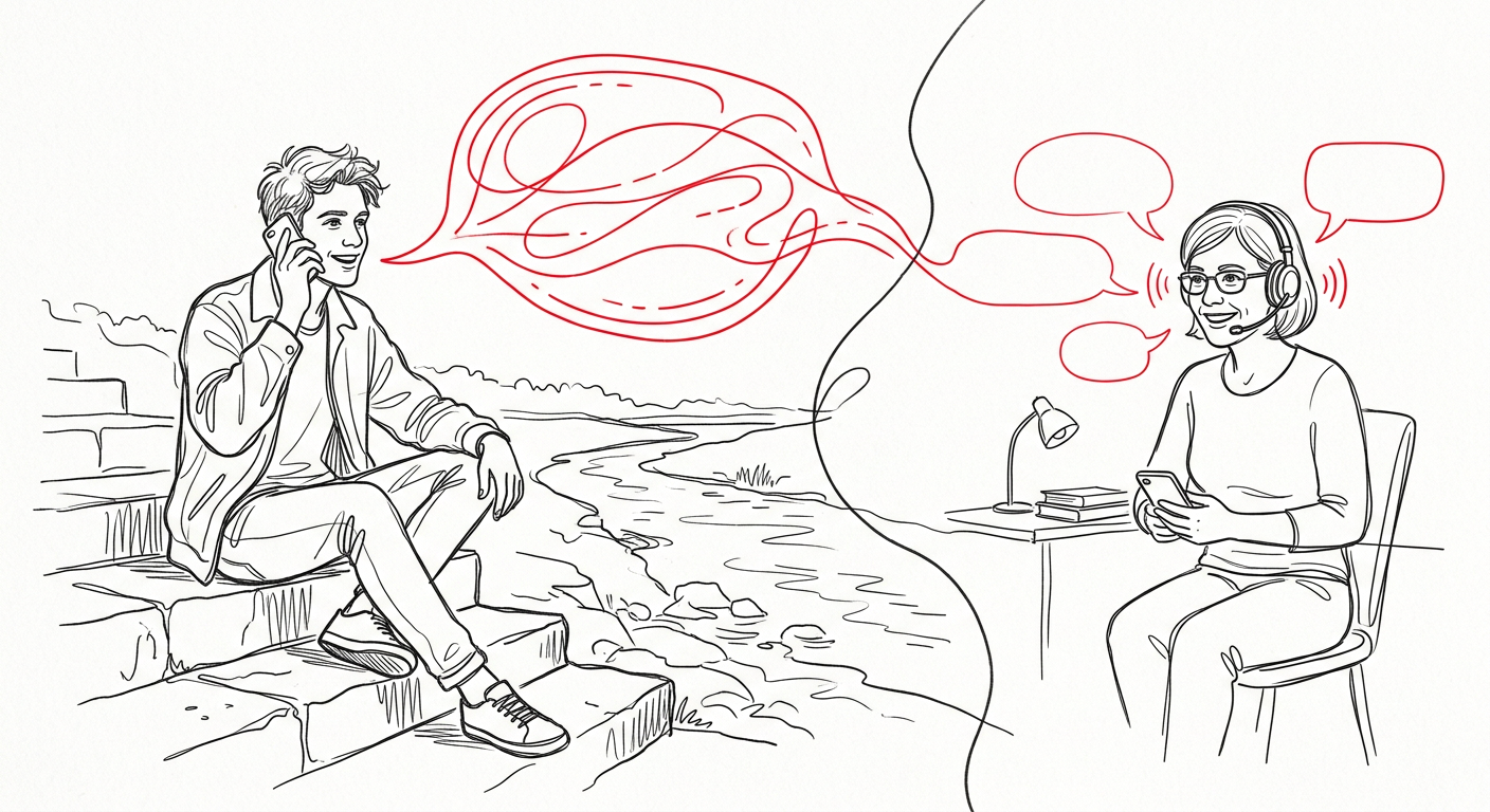 Line drawing of a young man on riverside steps speaking confidently into a phone, with speech bubbles flowing to a smiling teacher wearing a headset.
