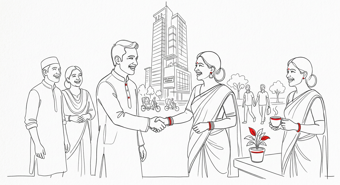 Line drawing of two people shaking hands warmly in front of a Gulshan Avenue office tower, colleagues smiling around them.