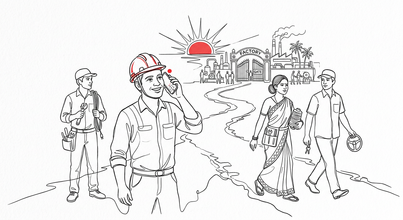 Line drawing of an electrician, a garment worker, a driver and a construction worker, one smiling as he hears about a job on his phone.