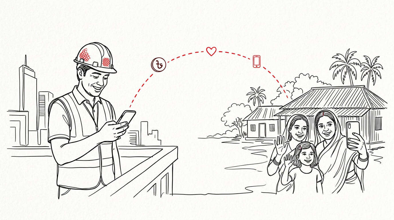 Line drawing of a migrant construction worker abroad smiling at his phone, a red arc carrying money and love back to his wife and daughter waving from their village home.