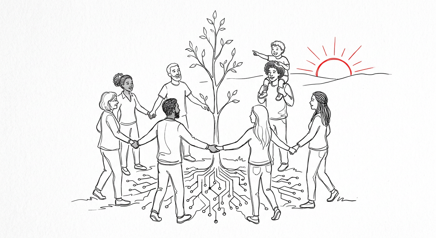 Line drawing of people holding hands around a young tree whose roots form circuit lines, a child pointing toward a sunrise.