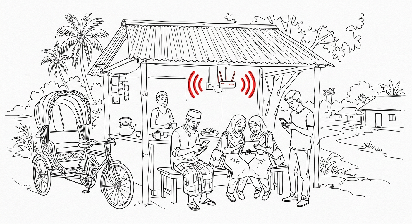 Line drawing of villagers at a tin-roofed tea stall with a WiFi router: a farmer on his phone, two schoolgirls sharing a tablet and a young man browsing, with a rickshaw nearby.